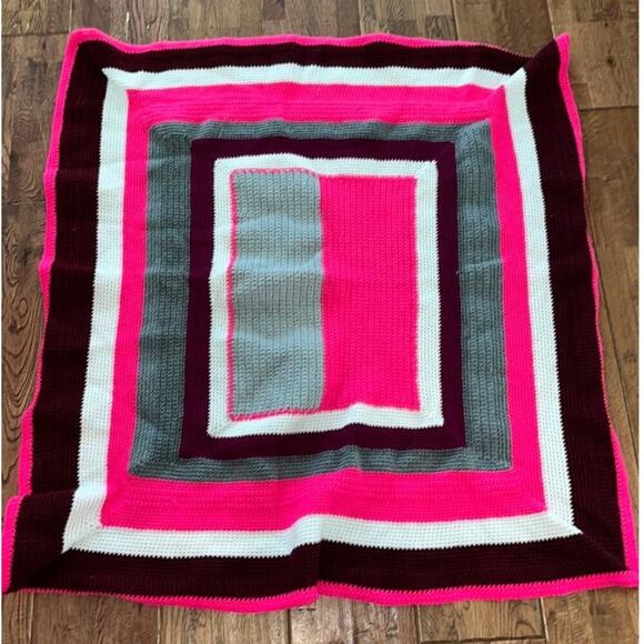 Vintage Other - Crochet Hot Pink Gray Squared Baby Afghan Blanket